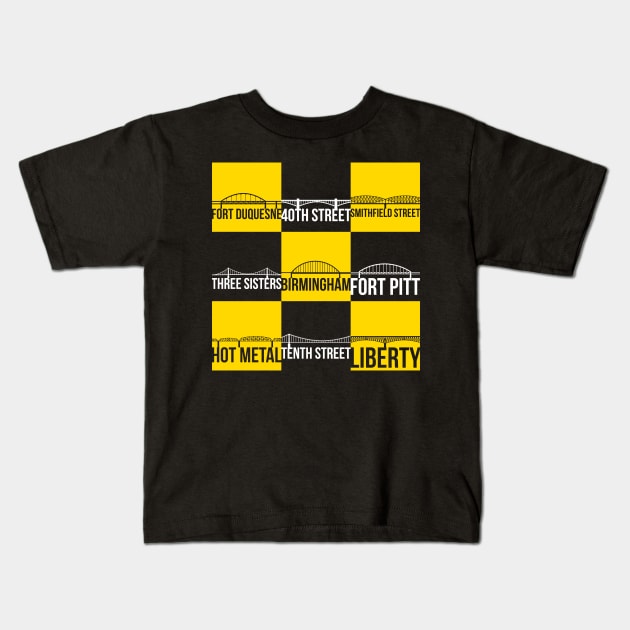 Nine Pittsburgh Bridges Kids T-Shirt by polliadesign